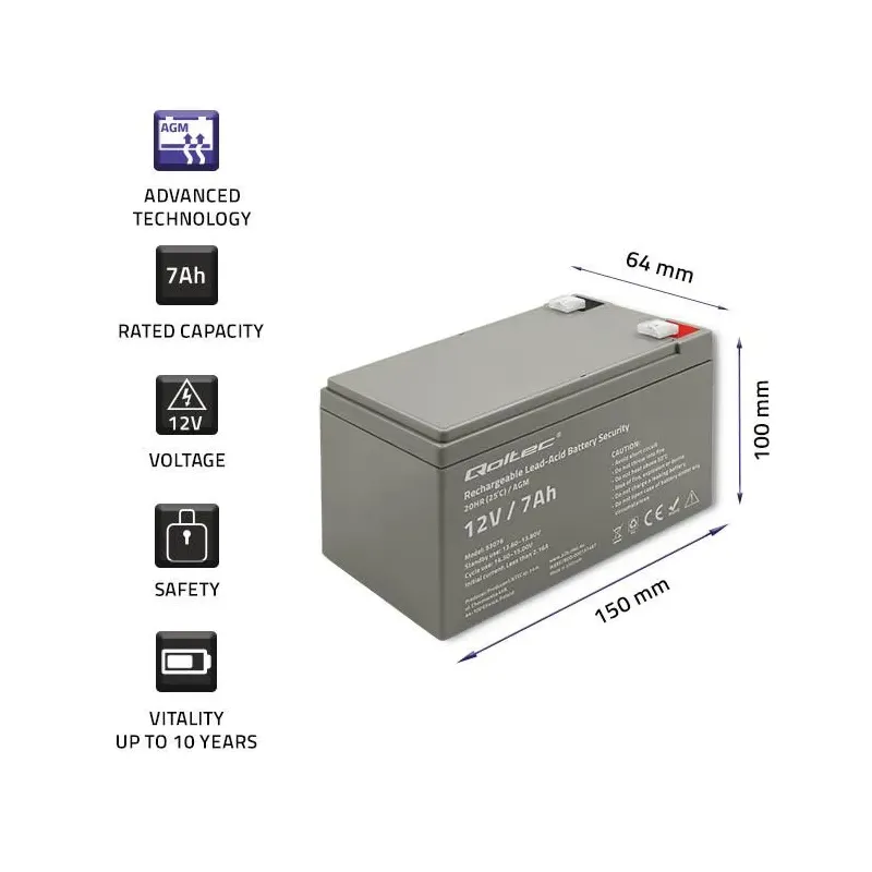 Akumulator AGM Qoltec 12V | 7Ah | Security | PartsPC.pl