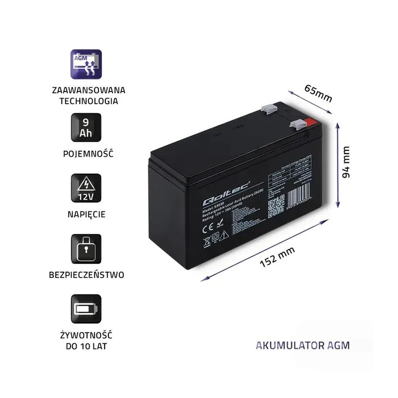 Akumulator AGM Qoltec 12V | 9Ah | PartsPC.pl