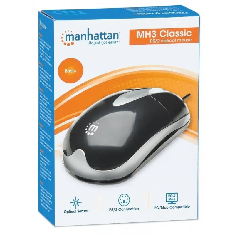 Mysz przewodowa Manhattan optyczna 1000dpi PS2 czarna | PartsPC.pl