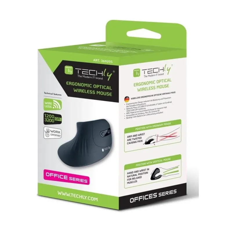 Mysz bezprzewodowa Techly 2.4GHz RF USB pionowa 3200dpi | PartsPC.pl