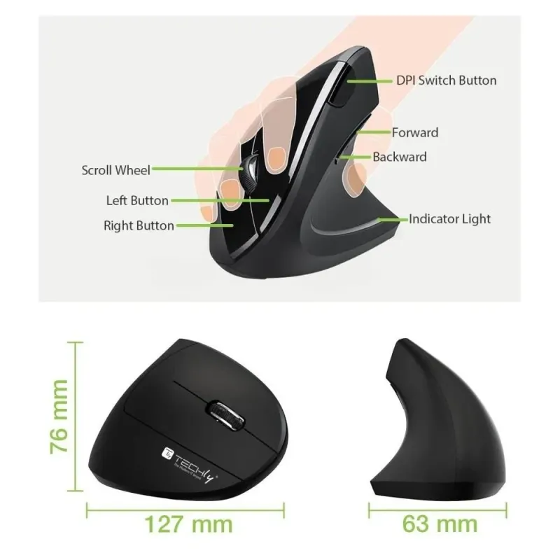 Mysz bezprzewodowa Techly 2.4GHz RF USB pionowa 1600dpi | PartsPC.pl