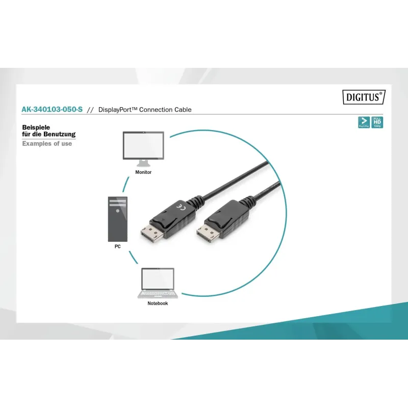 Kabel DisplayPort DIGITUS z zatrzaskami 1080p 60Hz FHD | PartsPC.pl