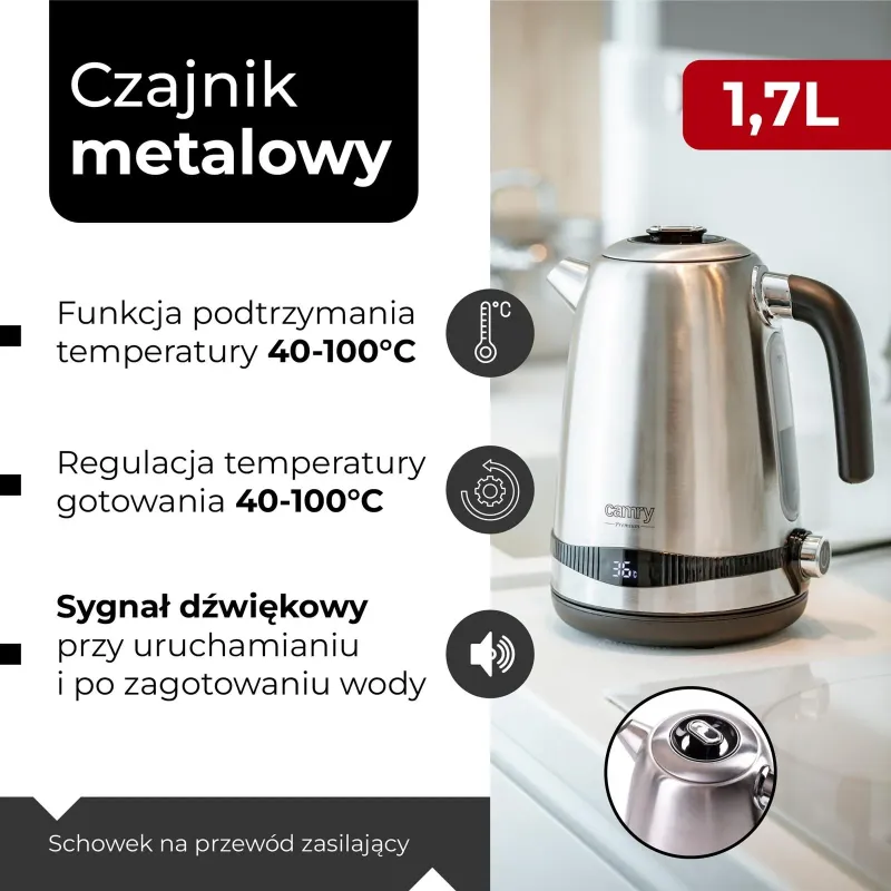Czajnik elektryczny Camry CR 1291 1,7L stalowy z LCD i | PartsPC.pl