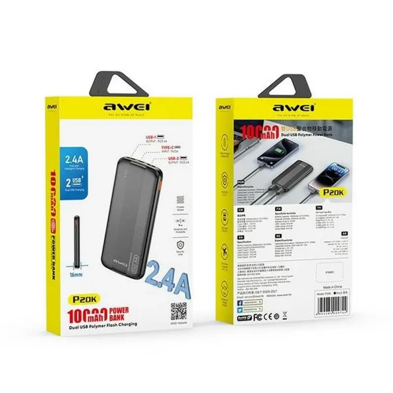 Powerbank Awei P20K 10000mAh 2xUSB 2,4A czarny | PartsPC.pl