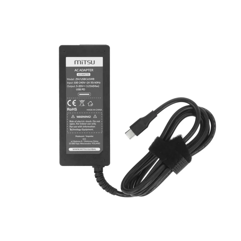 Zasilacz sieciowy Mitsu 65W USB-C, USBC, 5-20V, 3-3.25... | PartsPC.pl