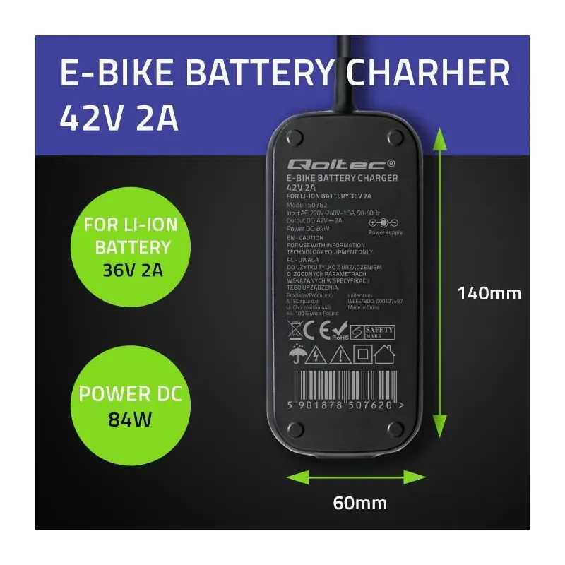 Ładowarka Qoltec do roweru Bosch 36V | 42V | 2A | Bosch | PartsPC.pl