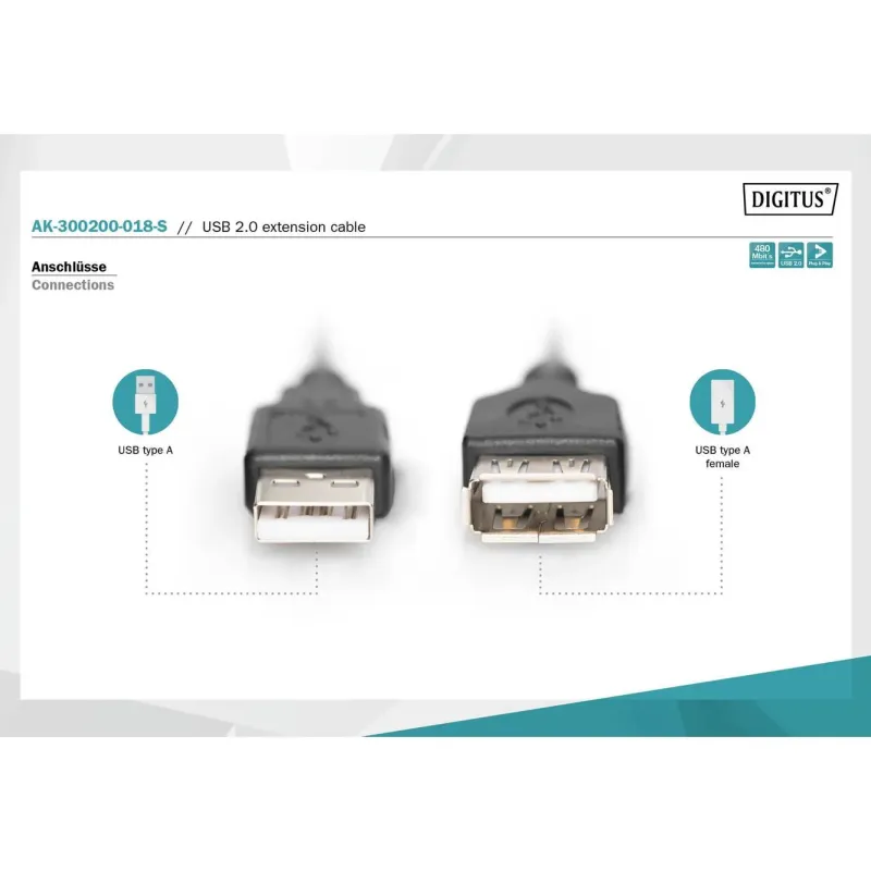 Przedłużacz USB 2.0 DIGITUS A/M - A/Ż, 1,8m, czarny | PartsPC.pl