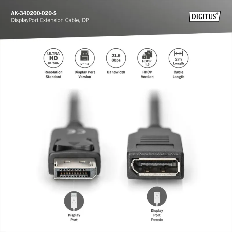 Przedłużacz DisplayPort DIGITUS 1.2 M/F 2m | PartsPC.pl
