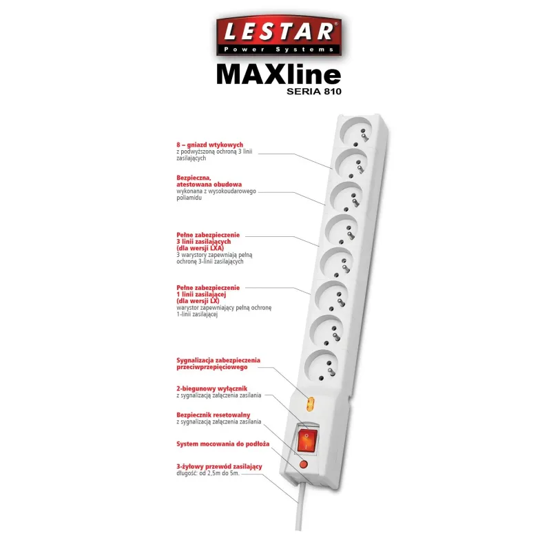 Listwa zasilająca Lestar LX 810 1,5m szara | PartsPC.pl