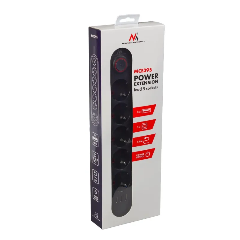 Listwa zasilająca Maclean MCE395 B, przedłużacz 5 gniazd | PartsPC.pl