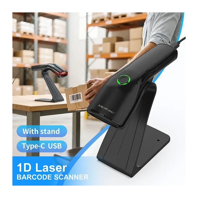 Czytnik kodów kreskowych Qoltec + stojak na skaner | 1D | PartsPC.pl