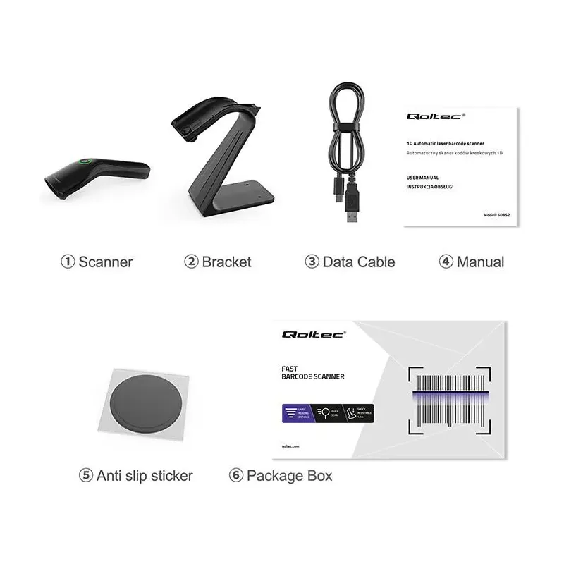 Czytnik kodów kreskowych Qoltec + stojak na skaner | 1D | PartsPC.pl