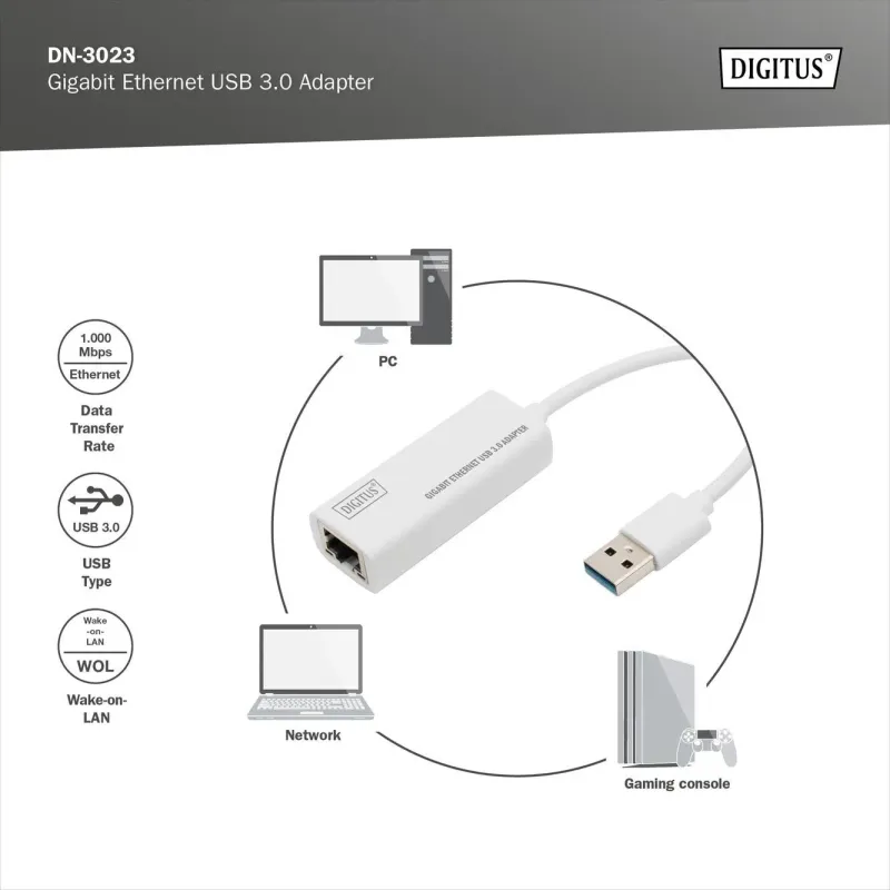 Karta sieciowa DIGITUS DN-3023 USB RJ45 100/1000 Mbps | PartsPC.pl