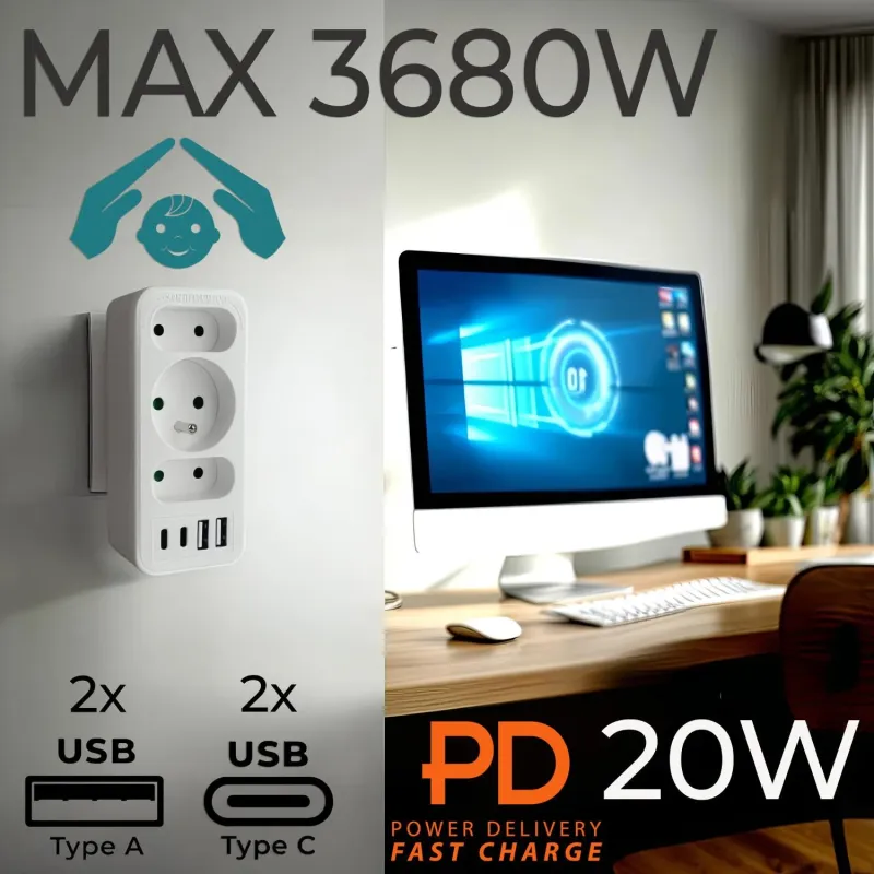 Gniazdko prądowe x3 + 4xUSB Maclean MCE248 F/W, | PartsPC.pl