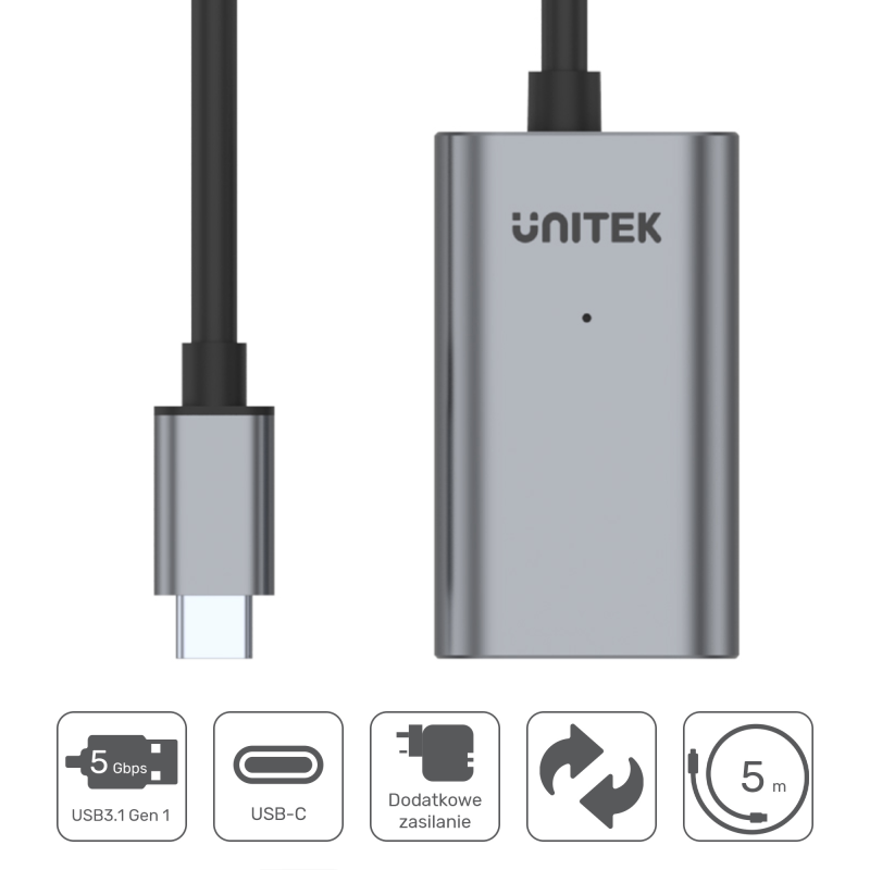 Unitek U304A wzmacniacz sygnału USB-C na USB(A) 5M | PartsPC.pl