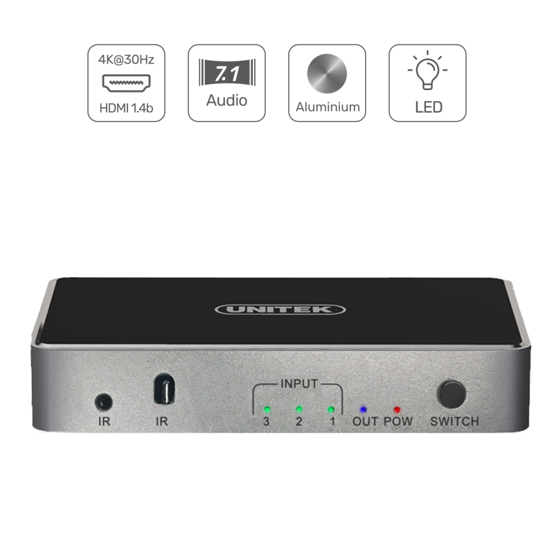 Unitek Przełącznik sygnału HDMI 1.4b 3 IN-1 OUT 4K | PartsPC.pl