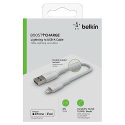 Belkin Kabel USB-A na Lightning, w oplocie, 0,15 m, biały | PartsPC.pl