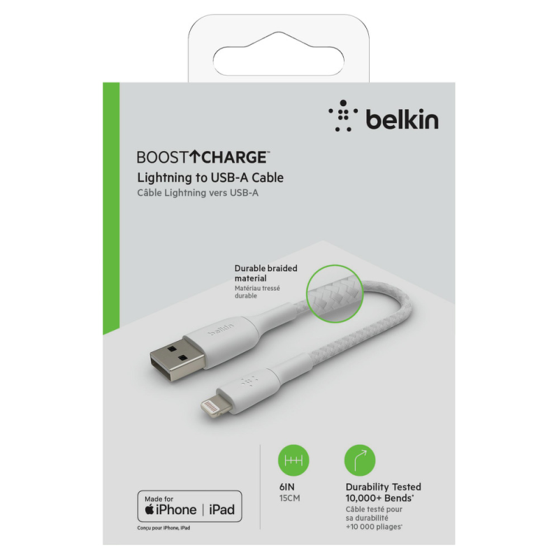 Belkin Kabel USB-A na Lightning, w oplocie, 0,15 m, biały | PartsPC.pl