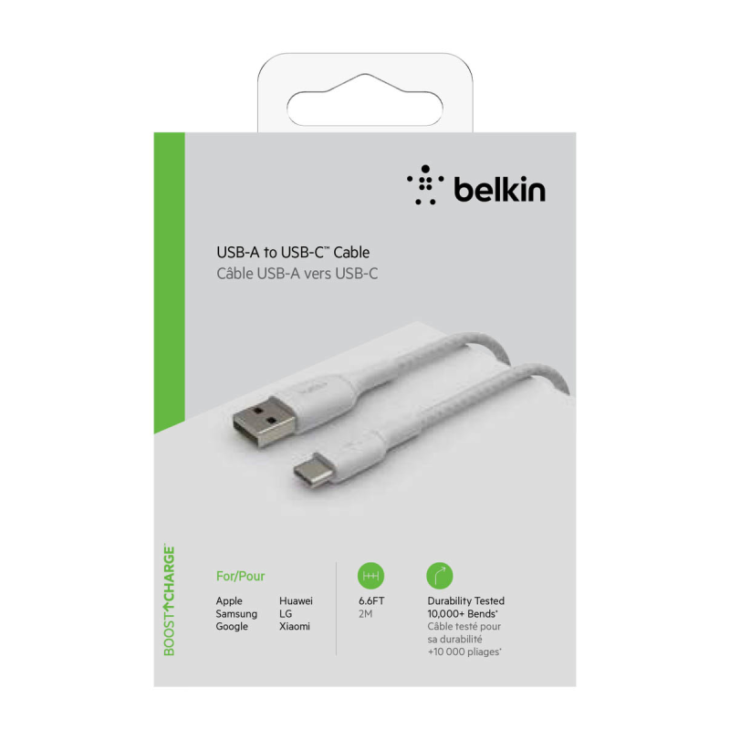 Belkin Kabel USB-A na USB-C, w oplocie, 2m, biały | PartsPC.pl