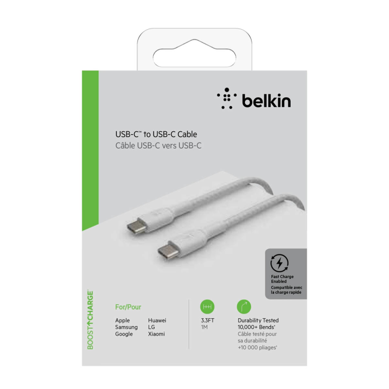 Belkin Kabel w oplocie USB-C na USB-C 60W, 1 m, biały | PartsPC.pl