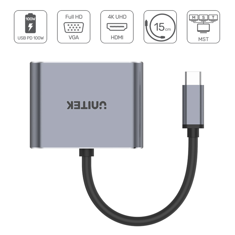Unitek Hub USB-C HDMI VGA USB-A i PD 100W D1049A | PartsPC.pl