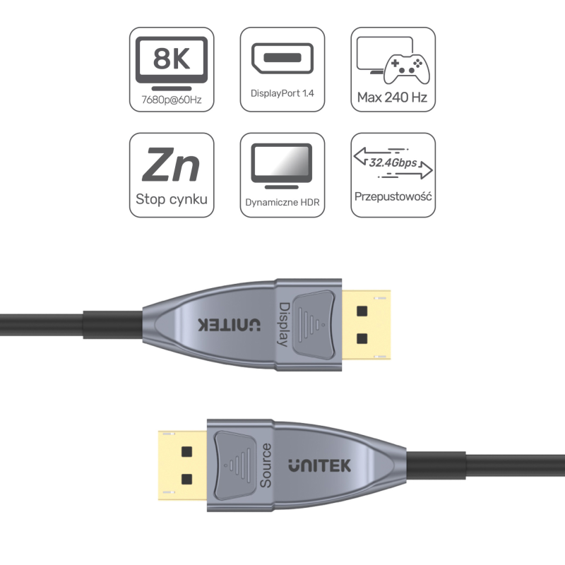 Unitek kabel optyczny DisplayPort 1.4 AOC 8K 5m | PartsPC.pl