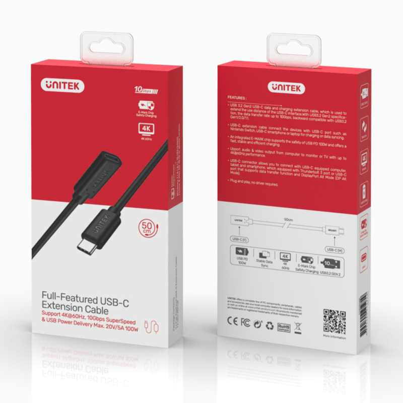 Unitek Przedłużacz USB-C 10Gbps 4K, PD 100W 1 m | PartsPC.pl