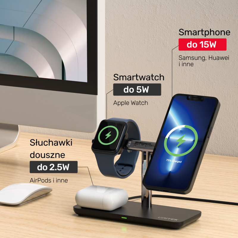 Unitek Ładowarka magnetyczna 3w1 iPhone 15W | PartsPC.pl