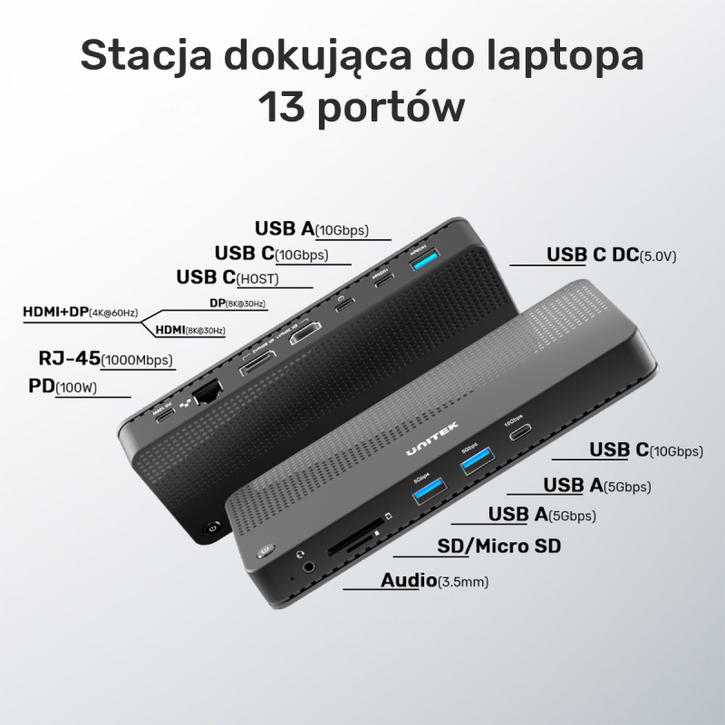 Unitek Stacja dokująca 12w1, HDMI 8K, USB 4, 100 W | PartsPC.pl