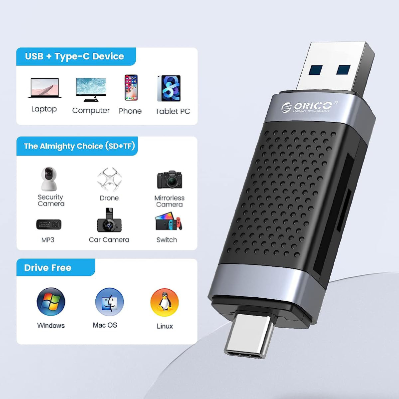 Orico Czytnik kart SD/microSD USB-A/USB-C 2.0 | PartsPC.pl