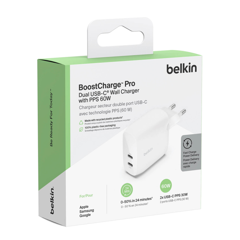 Belkin Ładowarka 60W, 2x USB-C PD PPS 30W, biała | PartsPC.pl