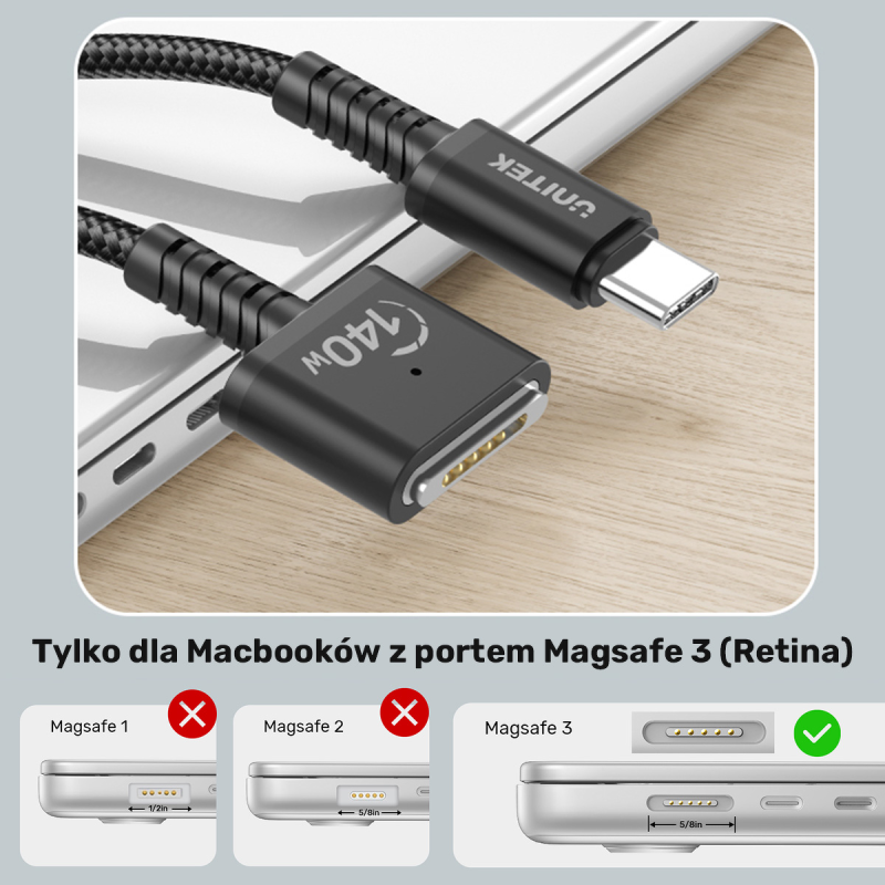 Unitek Kabel zasilający USB-C - MagSafe 3 140W 1 m | PartsPC.pl