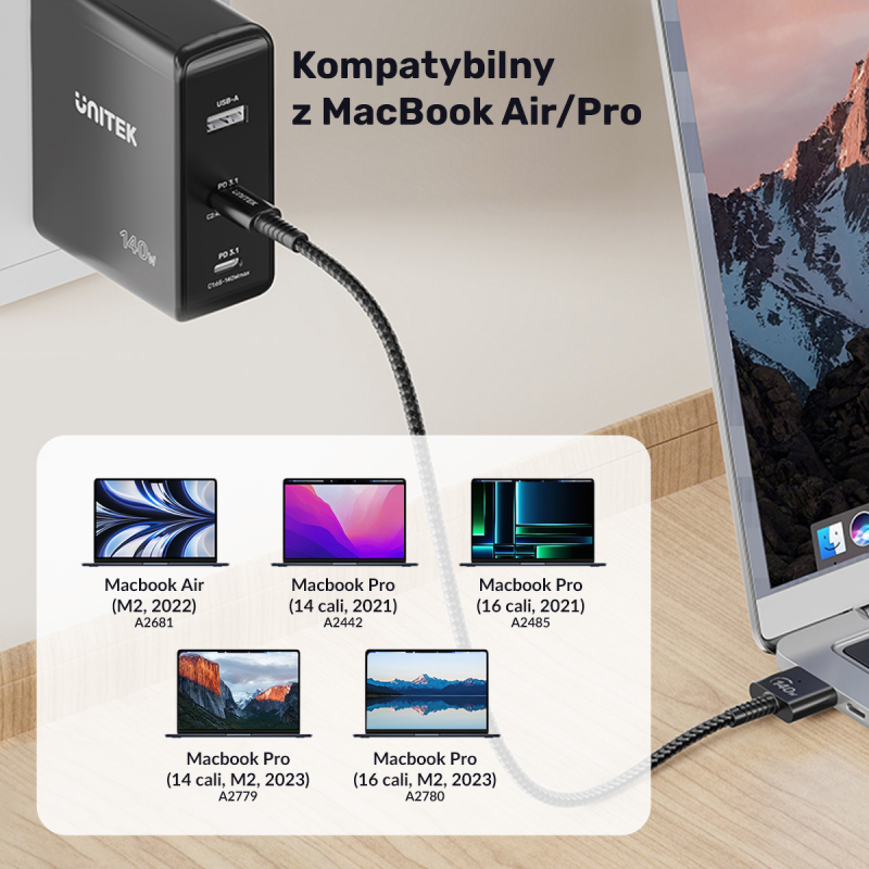 Unitek Kabel zasilający USB-C - MagSafe 3 140W 1 m | PartsPC.pl