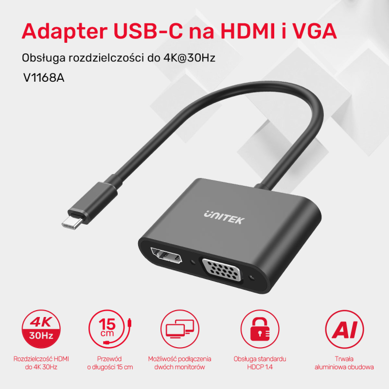 Unitek Adapter USB-C na HDMI 4K i VGA FullHD | PartsPC.pl