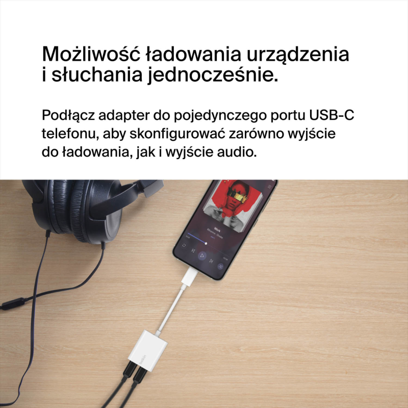 Belkin Adapter 2/USB-C do audio i ładowania PD 60W, biały | PartsPC.pl