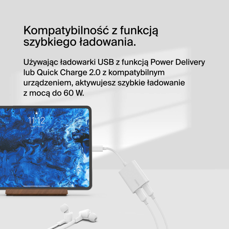 Belkin Adapter 2/USB-C do audio i ładowania PD 60W, biały | PartsPC.pl