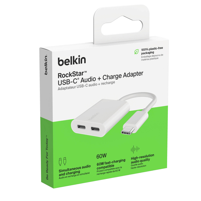 Belkin Adapter 2/USB-C do audio i ładowania PD 60W, biały | PartsPC.pl