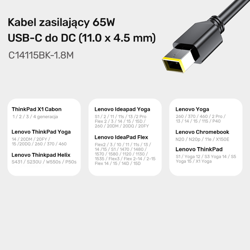 Kabel zasilający do Lenovo 65W USB-C - DC11*4,5mm | PartsPC.pl