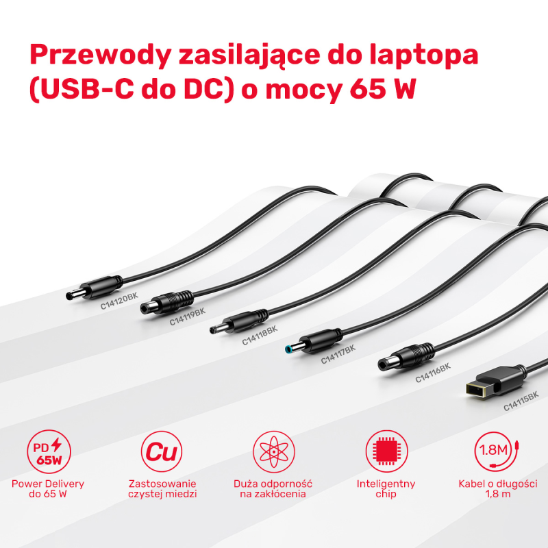 Kabel zasilający do Lenovo 65W USB-C - DC4,0mm | PartsPC.pl
