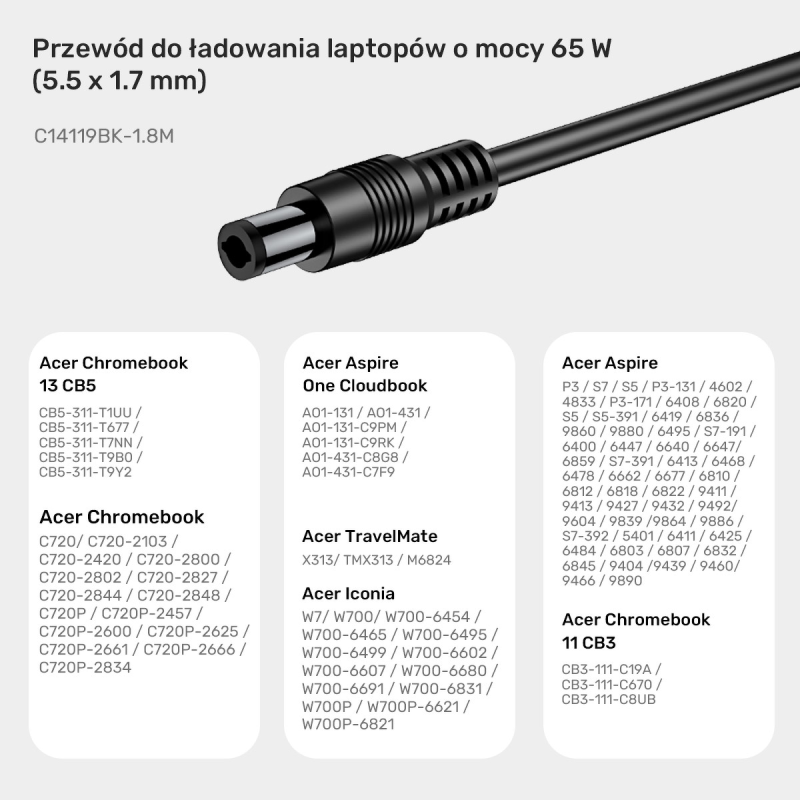 Kabel zasilający do laptopa Acer 65W USB-C - DC5,5 | PartsPC.pl