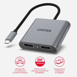 Unitek Adapter USB-C na 2x port DP 1.4 8K 60Hz | PartsPC.pl