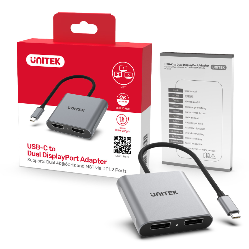 Unitek Adapter USB-C na 2x port DP 1.4 8K 60Hz | PartsPC.pl