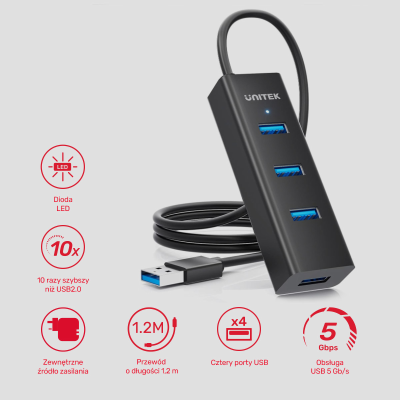 Unitek Aktywny hub USB-A 5Gbps, 4 porty USB-A | PartsPC.pl