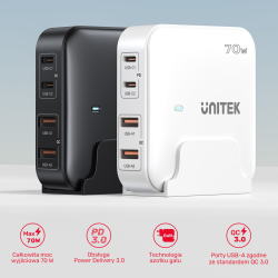Unitek Ładowarka biurkowa GaN 70W 2xUSB-A 2xUSB-C | PartsPC.pl