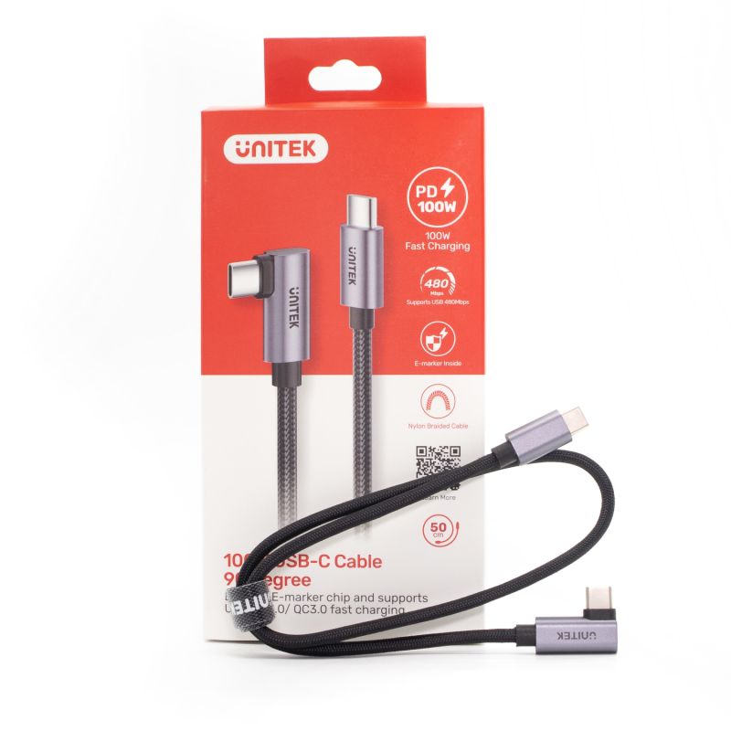 Unitek Kabel USB-C kątowy 90° PD100W 0,5m | PartsPC.pl