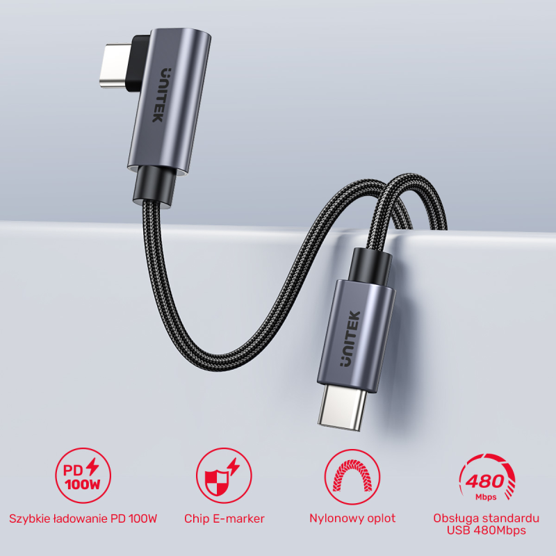 Unitek Kabel USB-C kątowy 90° PD100W 0,5m | PartsPC.pl