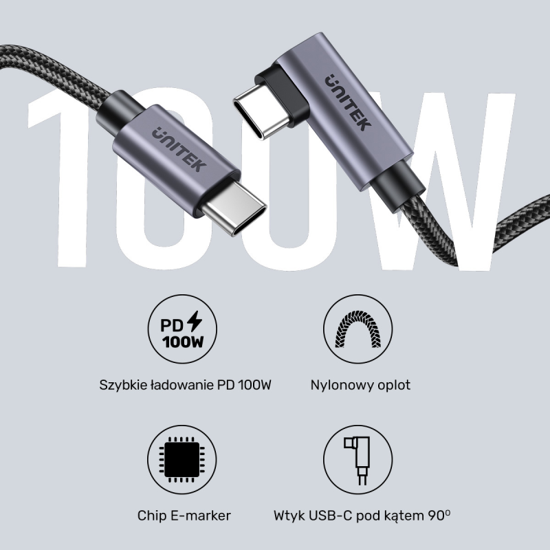 Unitek Kabel USB-C kątowy 90° PD100W 0,5m | PartsPC.pl