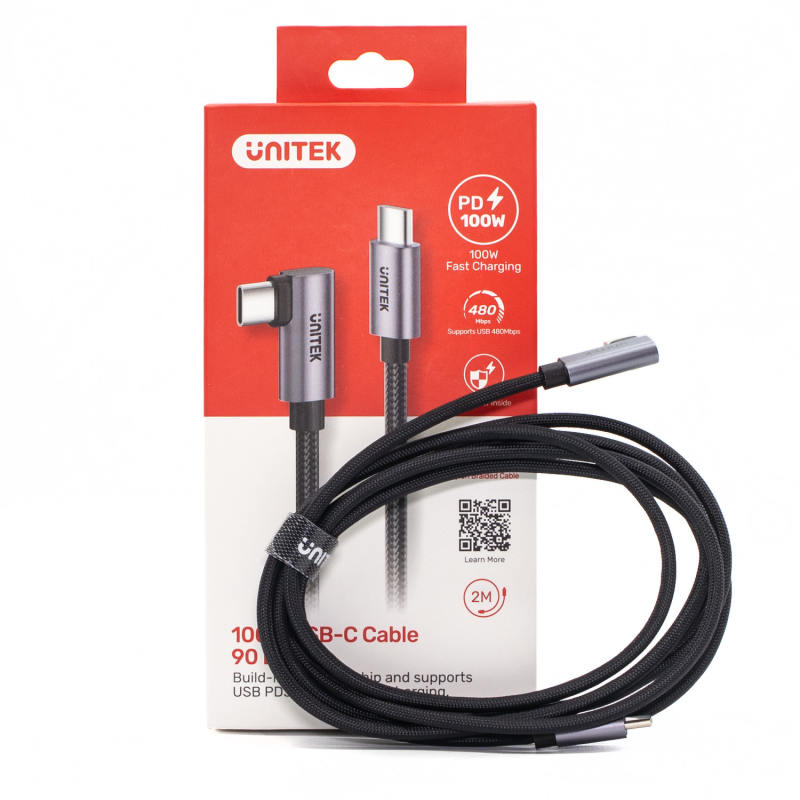 Unitek Kabel USB-C kątowy 90° PD100W 2m | PartsPC.pl