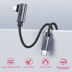 Unitek Kabel USB-C kątowy 90° PD100W 2m | PartsPC.pl