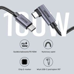 Unitek Kabel USB-C kątowy 90° PD100W 2m | PartsPC.pl